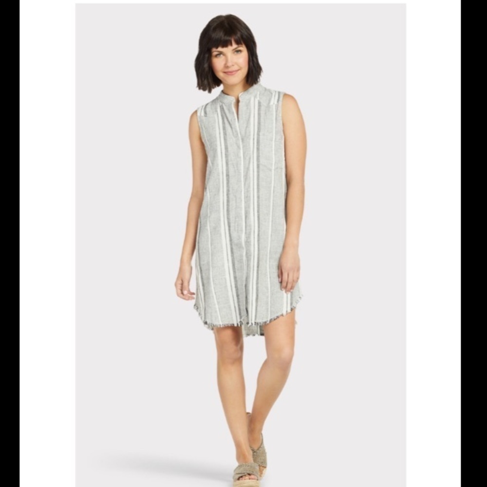 Cloth And Stone Stripe Fray Button Down Sleeveless Linen Blend Stripe Dress
